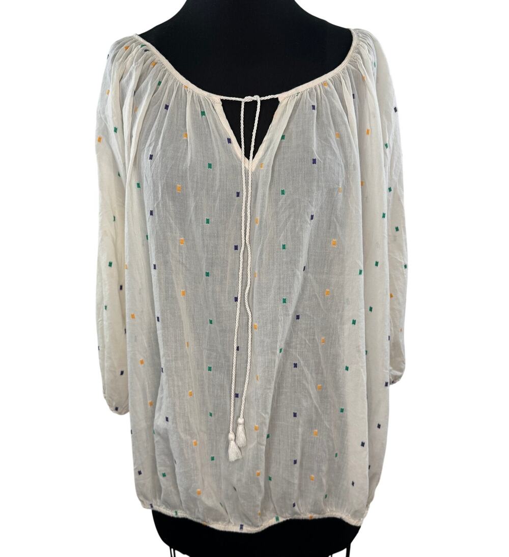 J CREW Beige Peasant Top Cotton Embroidered Dot Split Neck Tassel XL X-Large